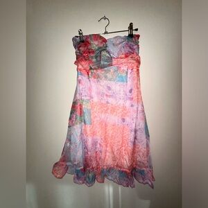 Pink floral strapless open back mini dress